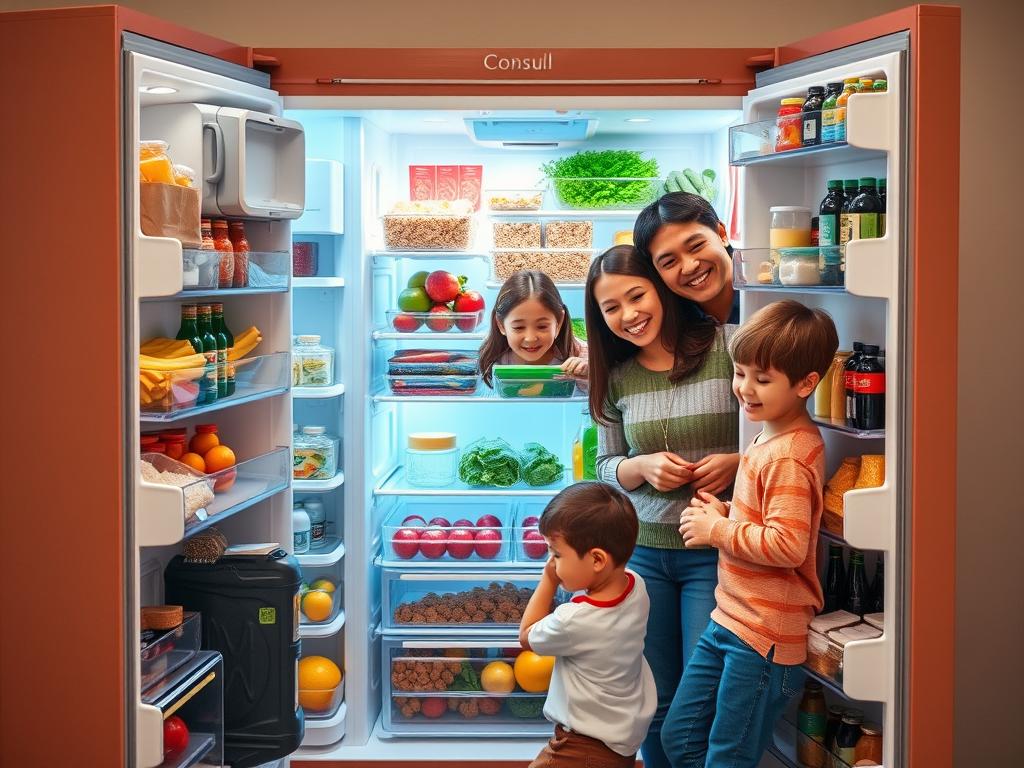 Família organizando alimentos em uma geladeira Consul espaçosa