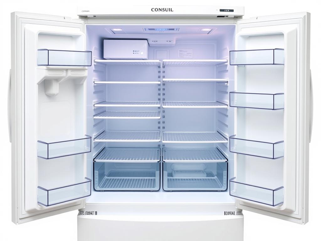 Geladeira Consul Frost Free Duplex 386 L CRM44AB com destaque para o painel e compartimentos internos