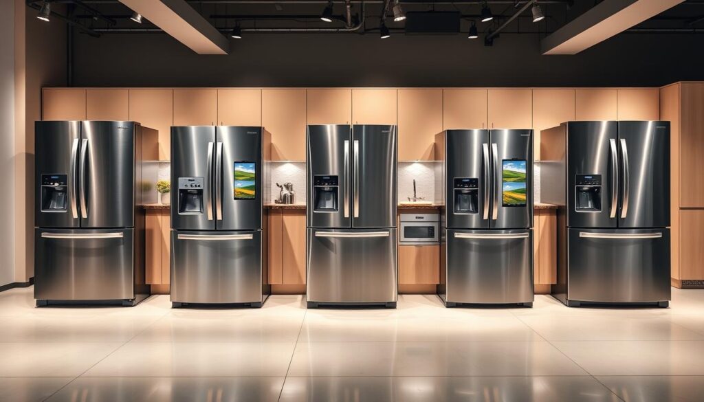As 5 melhores geladeiras Samsung de 2025 em uma cozinha moderna, mostrando diferentes estilos e tamanhos