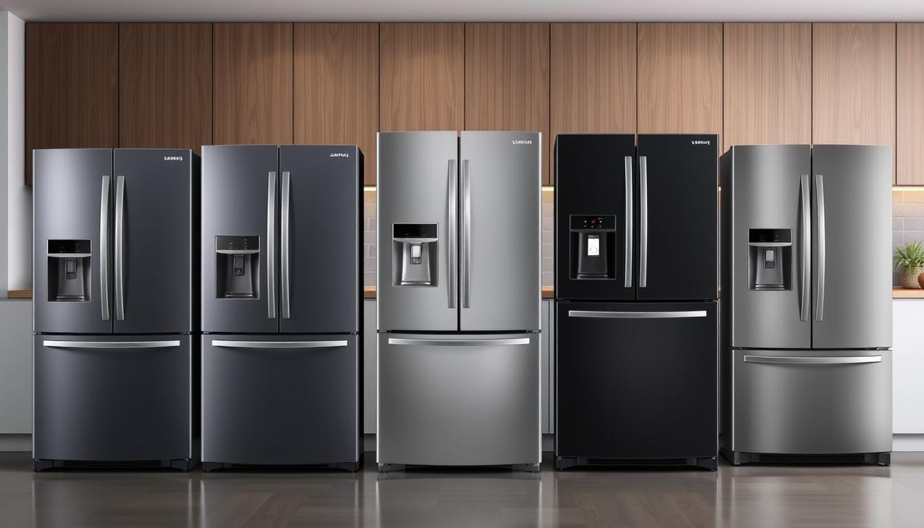 As 5 melhores geladeiras Samsung de 2025 lado a lado mostrando diferentes modelos e designs