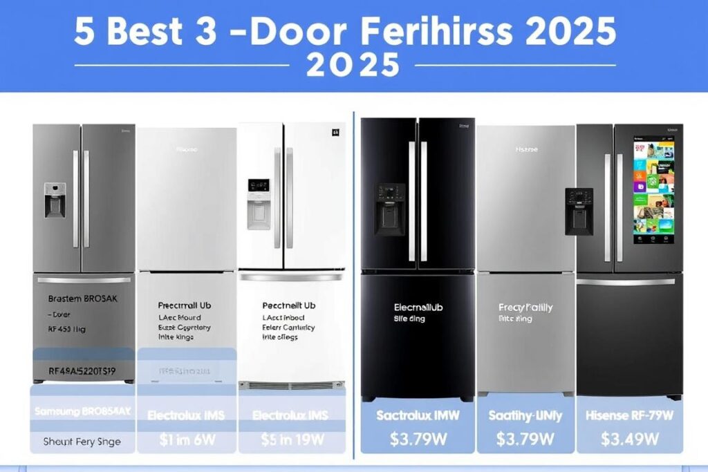 Comparação visual das 5 melhores geladeiras 3 portas em 2025 destacando suas características principais