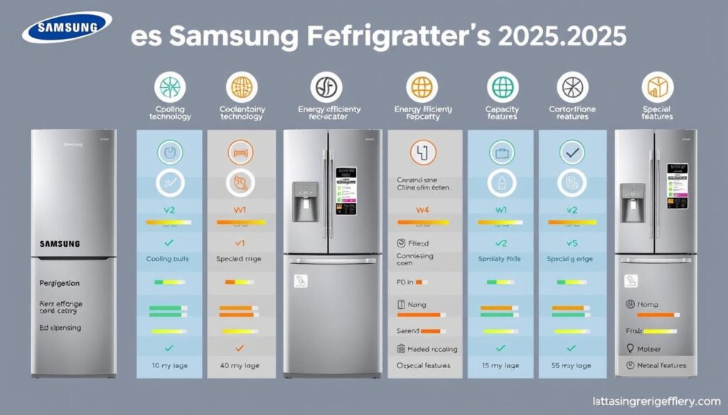 Comparativo visual dos recursos das 5 melhores geladeiras Samsung de 2025