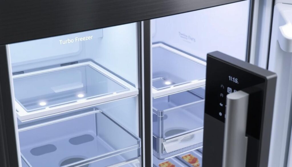 Detalhes do painel touch e compartimentos especiais da geladeira Brastemp BRO85AK