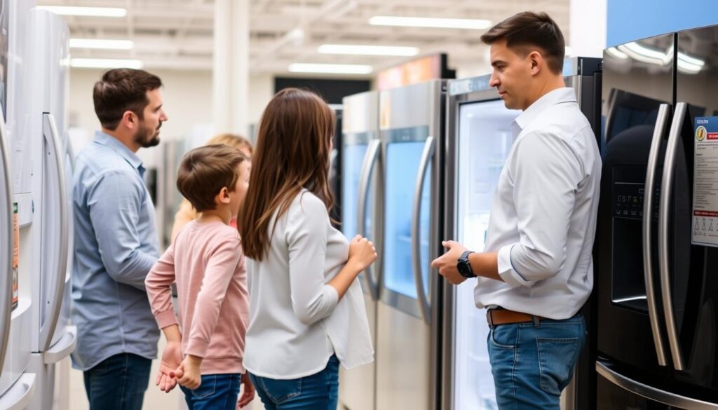 Família escolhendo uma geladeira 3 portas em loja, comparando modelos e recursos
