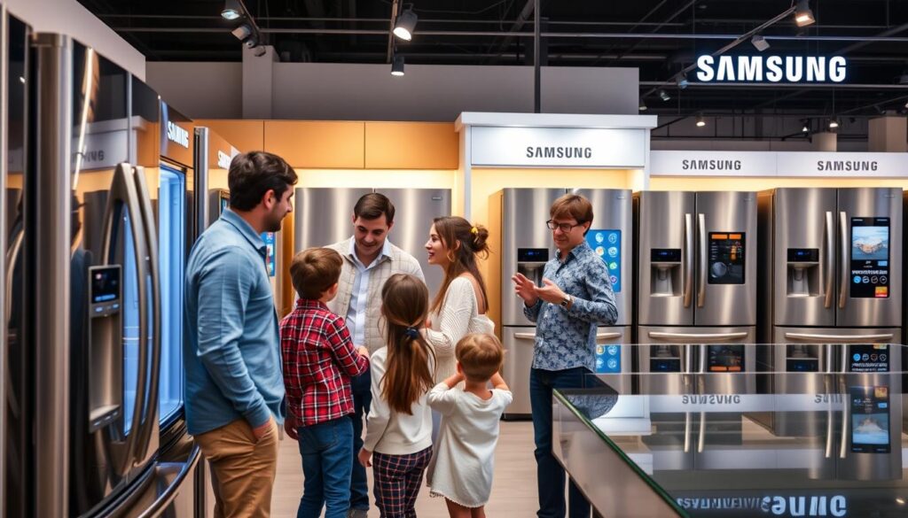 Família escolhendo uma geladeira Samsung em uma loja, observando diferentes modelos e recursos