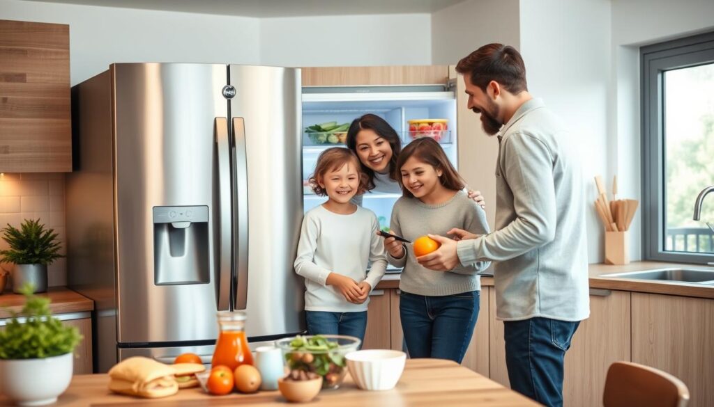 Família feliz usando uma geladeira frost free 450 litros moderna em uma cozinha