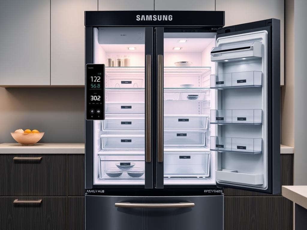 Geladeira Samsung Family Hub RF27CG591 mostrando o painel smart na porta e o interior organizado