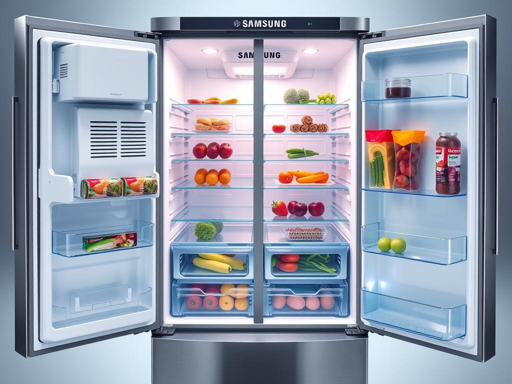 Geladeira Samsung RS52 Side by Side mostrando o sistema All Around Cooling e compartimentos especiais