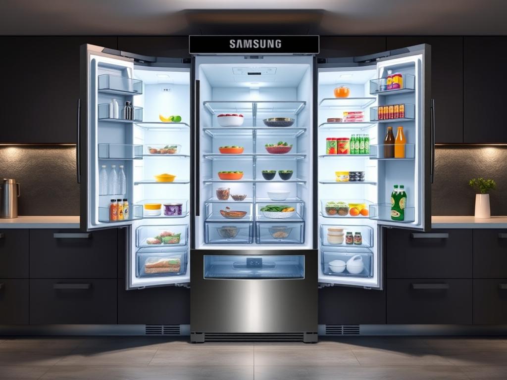 Geladeira Samsung RS65R5691M9 Side by Side com portas abertas mostrando o amplo espaço interno