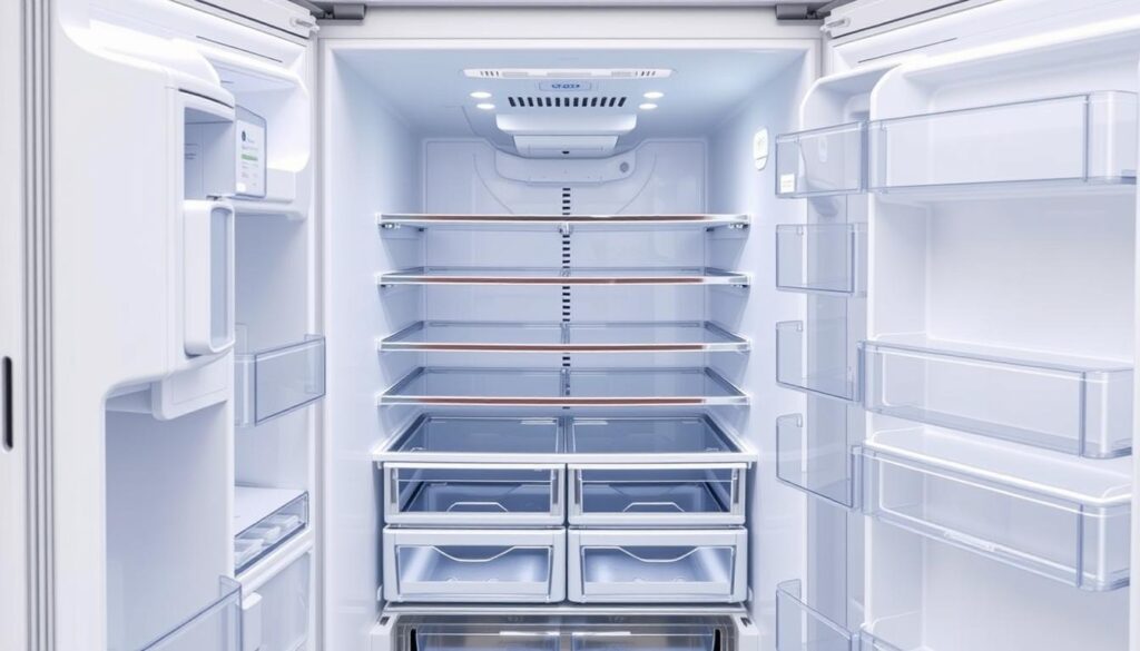 Interior da geladeira Hisense RF-79W mostrando prateleiras ajustáveis e gavetas organizadoras