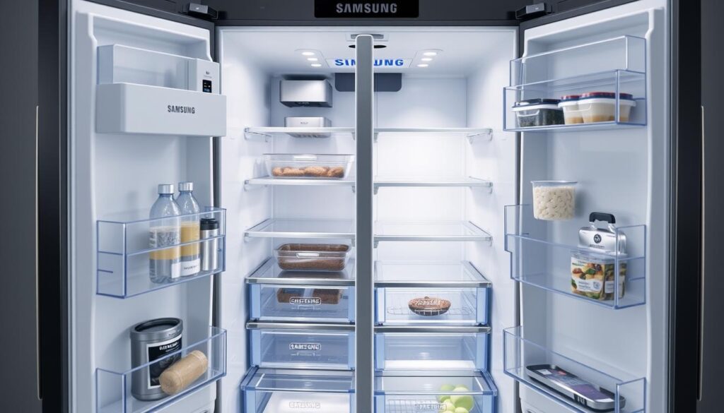 Interior da geladeira Samsung RF49A5202S9 mostrando o sistema Twin Cooling Plus e compartimentos organizados