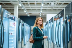 Mulher escolhendo uma geladeira frost free 450 litros em uma loja de eletrodomésticos