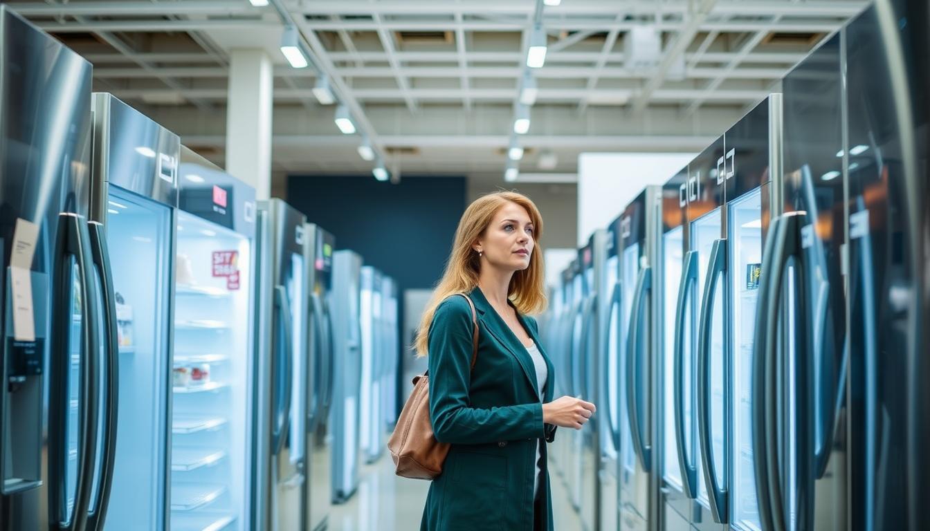 Mulher escolhendo uma geladeira frost free 450 litros em uma loja de eletrodomésticos