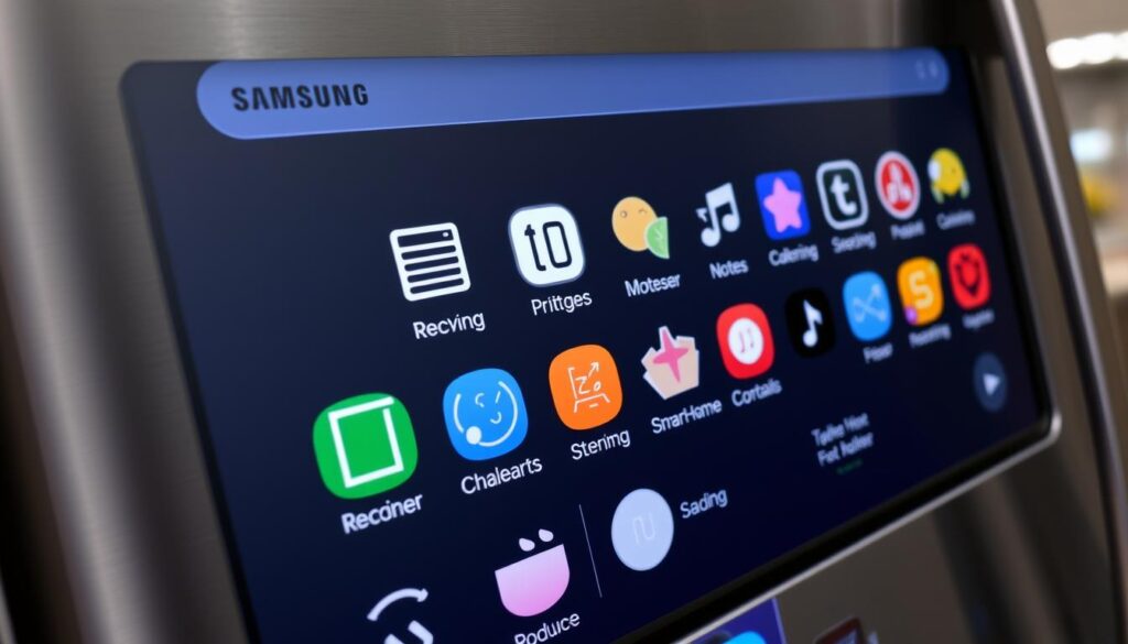 Painel Family Hub da geladeira Samsung RF27CG591 mostrando as funcionalidades smart e integração com a casa