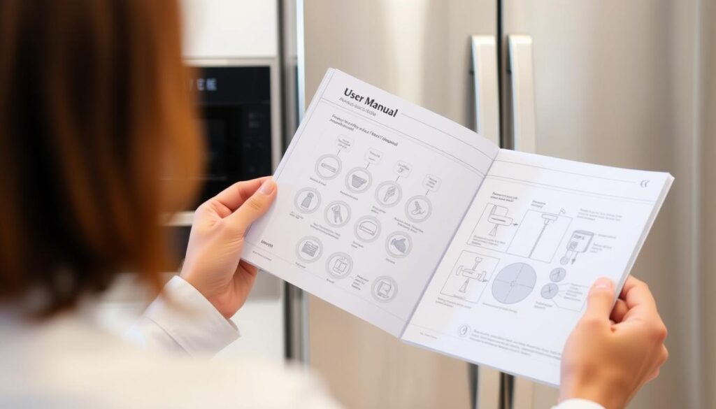 Pessoa consultando manual de geladeira frost free 450 litros