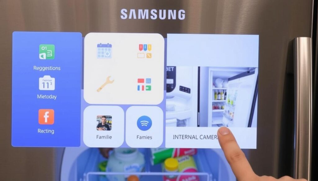 Tela Family Hub em uso mostrando aplicativos, receitas e visualização interna da geladeira Samsung